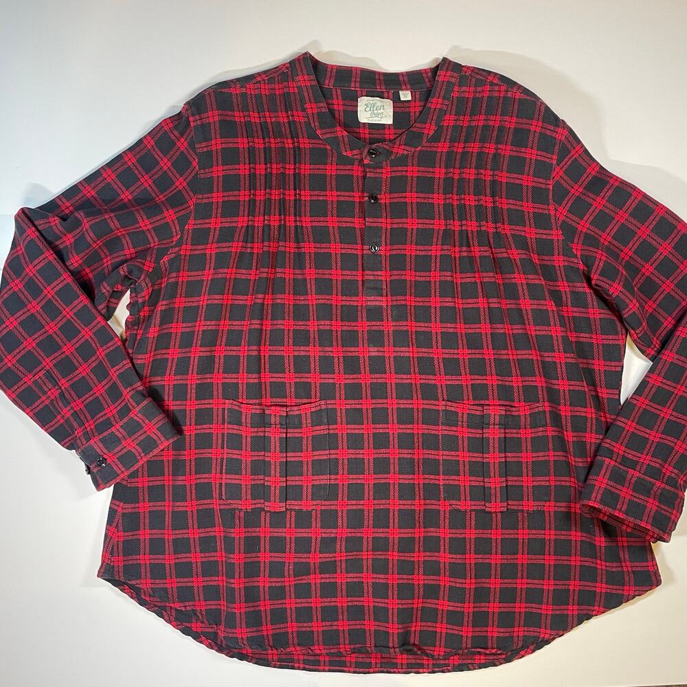 Ellen Orton 2X Plaid Cotton Henley Tunic Red Black Long Sleeve Pockets Cozy Top